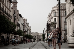 Constitution avenue in Seville,, a perspective of the tram tracks and the surrounding buildings